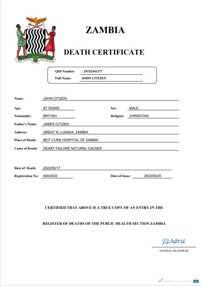 Download Zambia vital record death certificate Word and PDF template Photoshop template